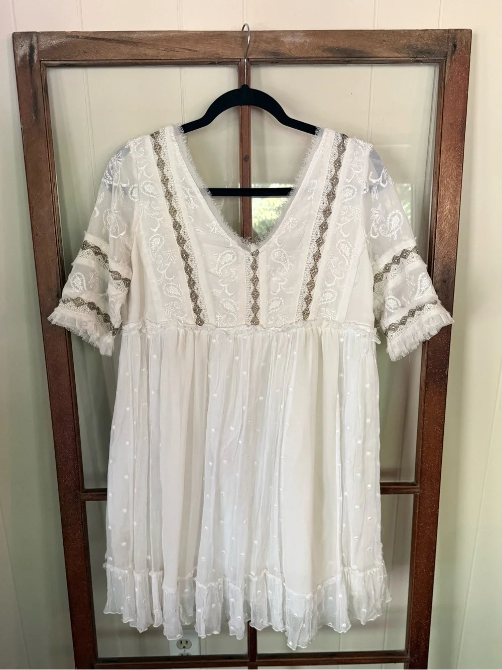 Free People Little Dot Mini Dress Vanilla Swiss Dot Ruffle Boho Cottagecore - S - Picture 10 of 11